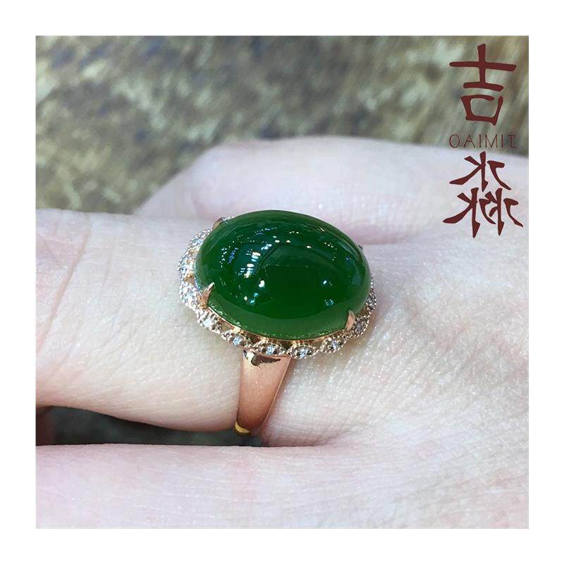 老坑和田碧玉戒指一圈钻花边女款金镶高级蛋面老料菠菜绿玉石处理