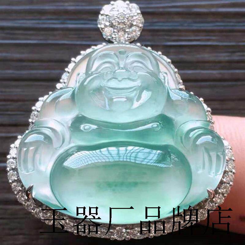 精选翡翠吊坠笑玉佛公冰种翡翠吊坠女款翡翠挂件阳绿银饰镶嵌饰品