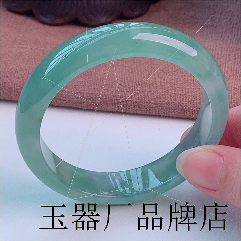 翡翠色手镯冰糯种油青玉镯子缅甸女正圆冰种透蓝飘花处理贵妃镯子