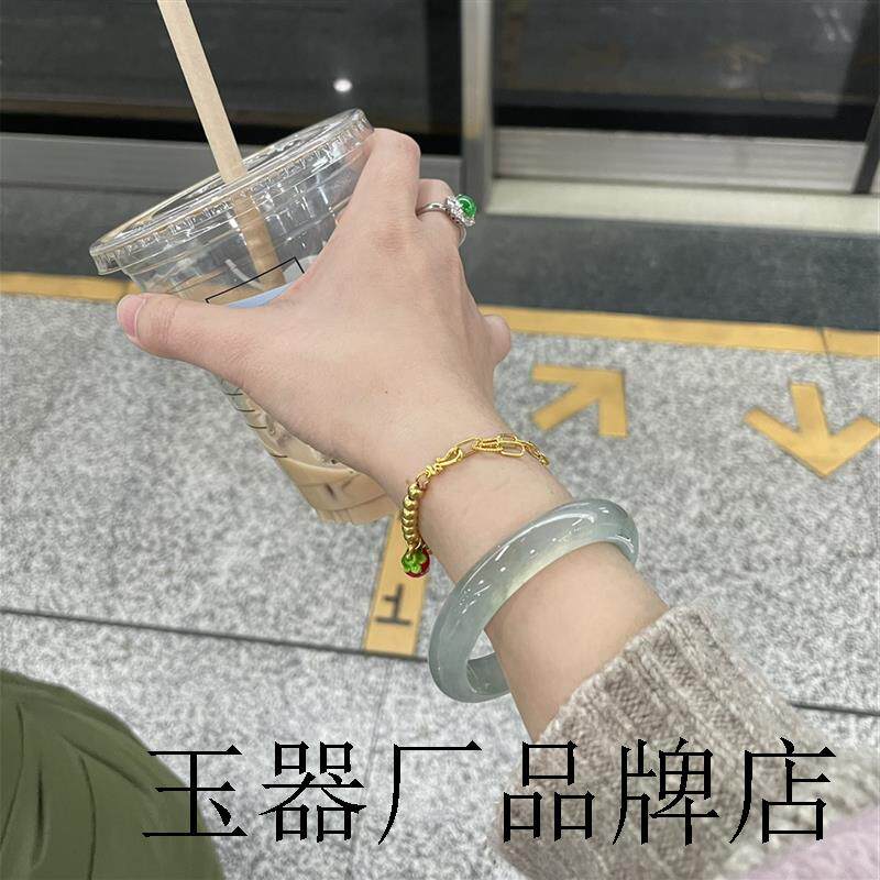 翡翠手镯起胶感正品正圈女款送证书冰种飘绿色玉髓玛瑙飘花玉镯子