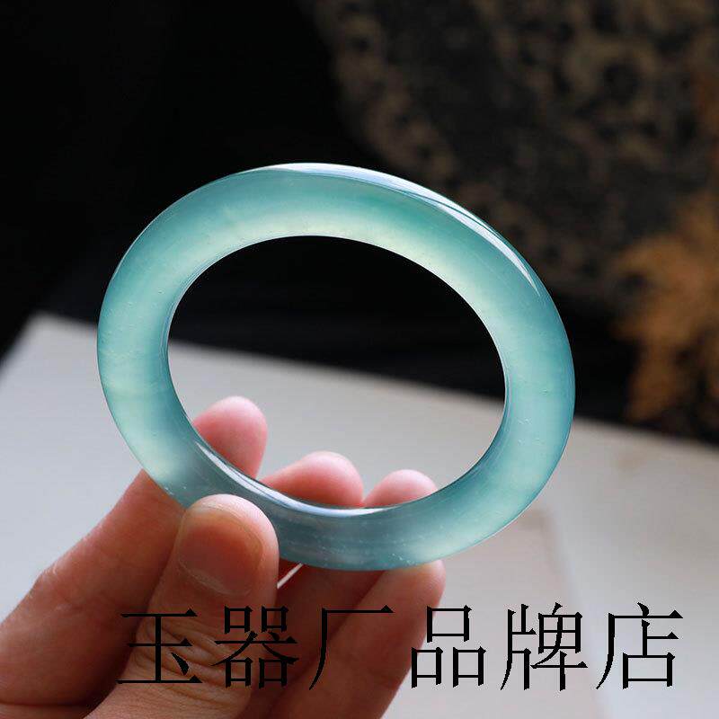 缅甸翡翠色天青冻木那高冰晴水岫玉浅蓝冰种蓝水危料海宝蓝圆条镯