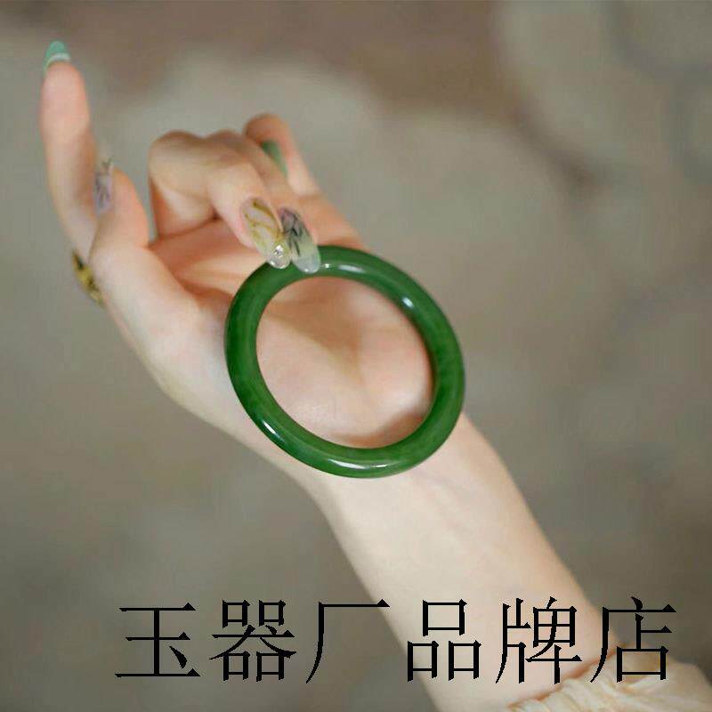 和田玉手镯女款少女菠菜绿圆条年轻款青海料晴水碧玉美人条玉镯子