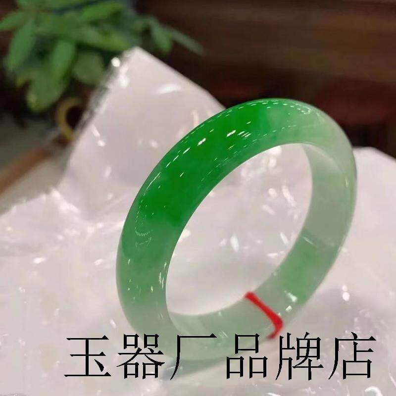 缅甸翡翠色冰糯种阳绿飘花手镯宽条玉镯子浅绿油青翡翠玉手镯女款