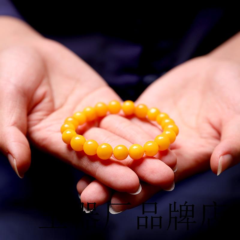 天然老蜜蜡手串女款鸡油黄玉石琥珀圆珠单圈手链男士正品国检证书