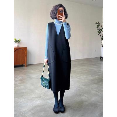 高级感质感绵羊毛双面呢背心裙连衣裙女中长款V领气质百搭裙子冬