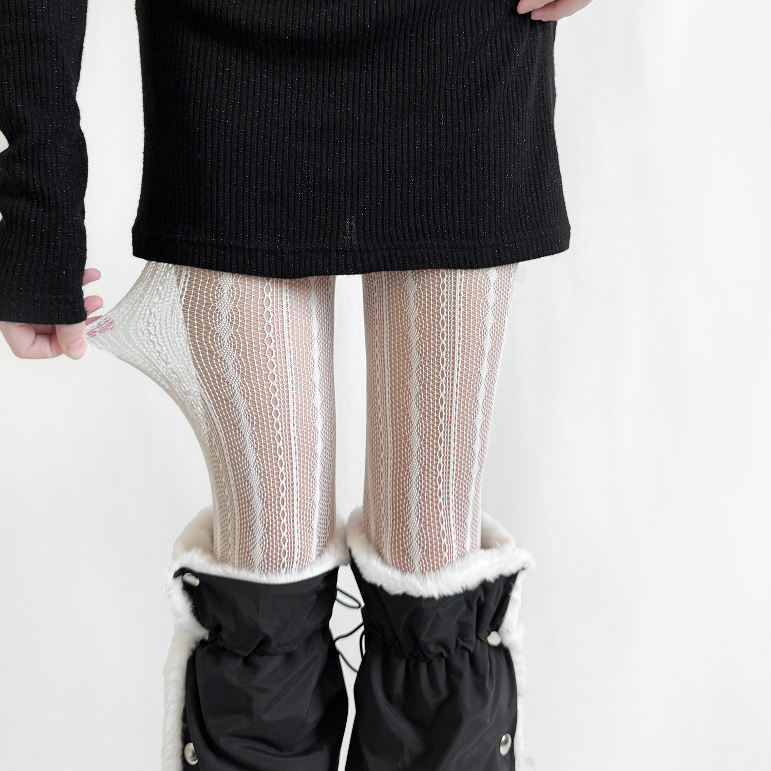 深灰竖纹镂空白色连裤袜女假透肉加绒网袜加厚款保暖蕾丝打底裤