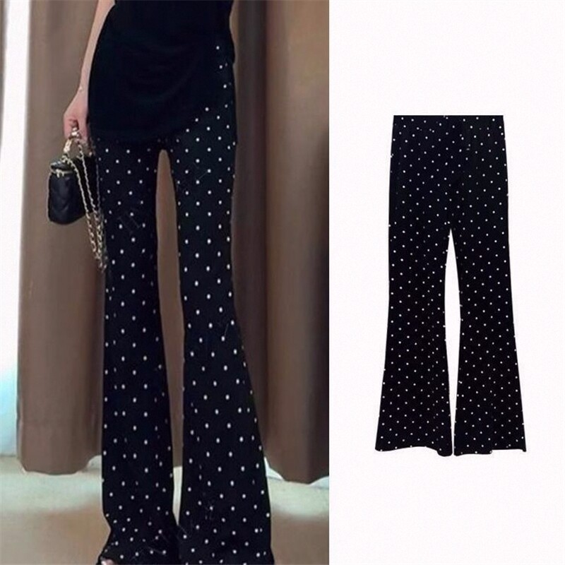 长裤女薄款春秋休闲裤子春黑色小个子波点微喇叭高腰印花显瘦弹力