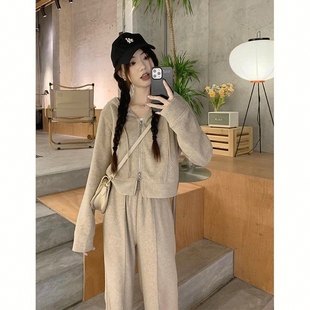 休闲春秋新款阔腿裤潮女运动休闲韩版套装卫衣拉链宽松连帽两件套