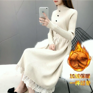宽松中长款毛衣裙针织女半高领蕾丝针织连衣裙秋冬季加绒针织加厚
