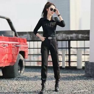 黑色运动装春秋季服套装两件套女士弹力韩版跳舞迷彩工装时尚休闲