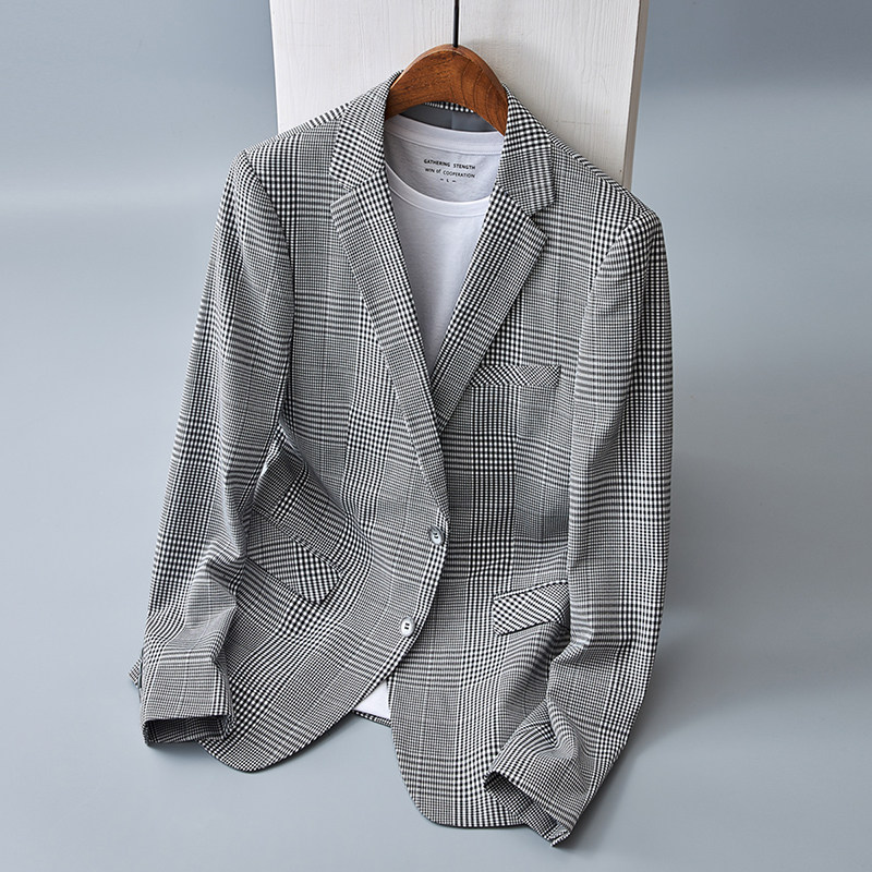 轻奢品质休闲西装男士英伦格子小西服外套潮流帅气高级感单件上衣