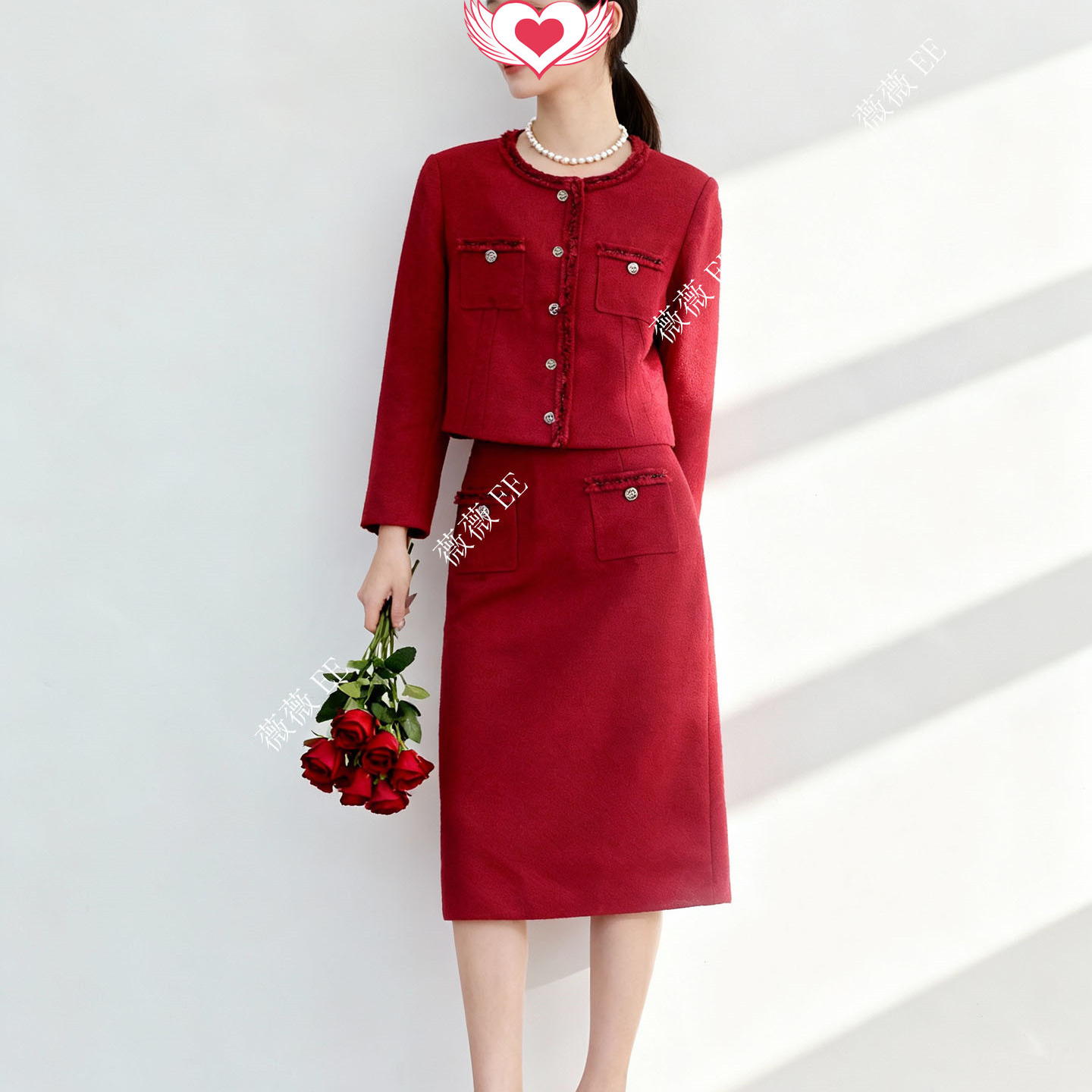 mozi订婚礼服红色小香风半裙套装敬酒服新款高级感秋冬新娘回门服