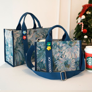 多隔层日系小众油画图案手提包大容量托特包女A4电脑包可斜挎