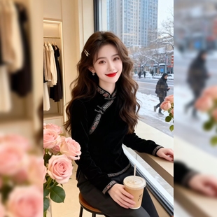 女立领盘扣高级轻奢减龄洋气上衣丝绒小衫 黑色丝绒刺绣衬衫 新中式