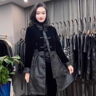 秋季金丝拼接提花盘扣显瘦复古风女气质黑色加棉棉服中长款女款