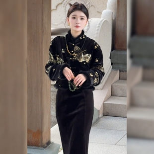 新中式 国风刺绣棉服女秋冬立领盘扣丝绒外套棉衣显瘦保暖高级感