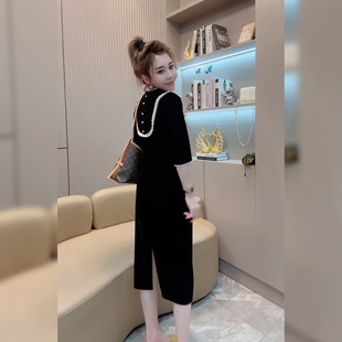 欧货钉珠拼接丝绒连衣裙女2025秋时尚 气质高端气质休闲真丝绒裙