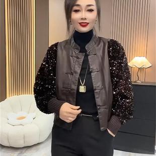 亮片袖拼接蛋白皮尤外套女2025秋季小香风时尚气质百搭爆款短外套