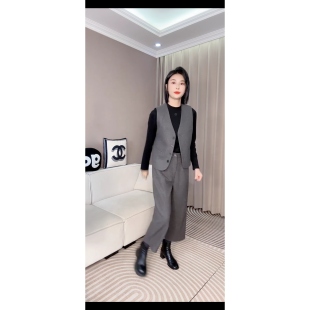 秋冬新款毛呢马甲阔腿裤两件套女款套装欧货百搭时尚高腰显瘦高级
