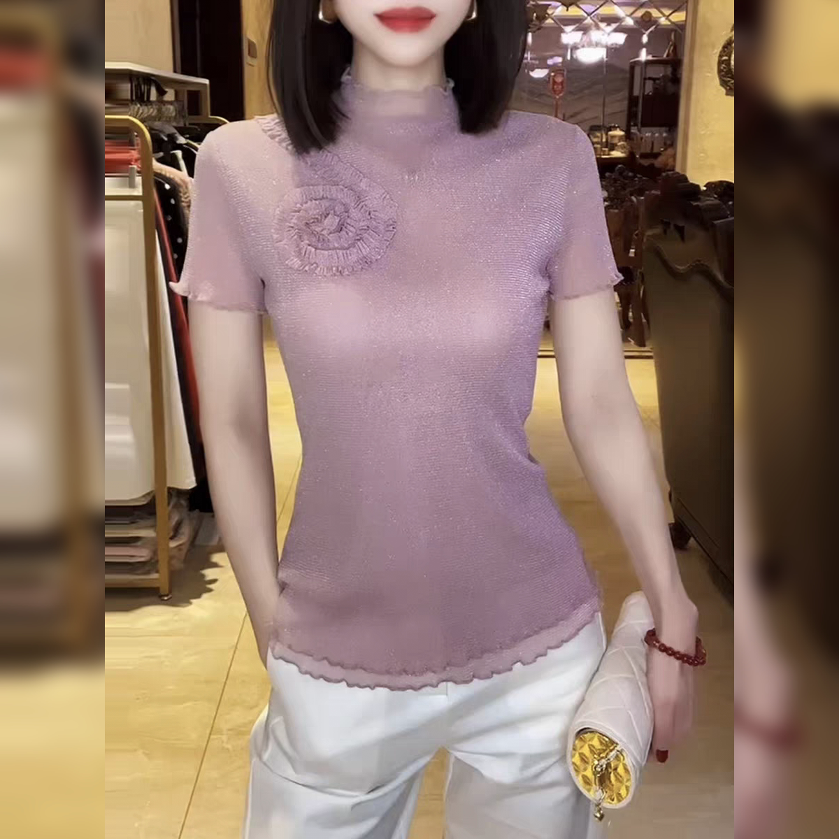 亮丝网纱半高领短袖蕾丝衫女立体花装饰T恤打底修身显瘦百搭上衣