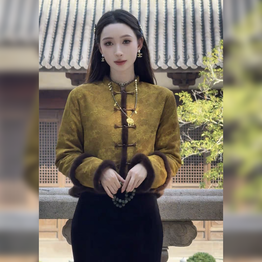 国风拼毛毛唐装棉外套女