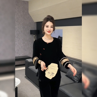 新中式设计感国风丝绒T恤衬衫女春秋圆领通勤风高级感上衣打底衫