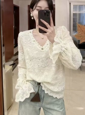 水貂绒蕾丝衬衫钉珠花边蕾丝衫