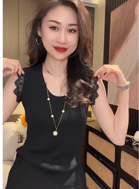 2026春秋季节极简风V领蕾丝拼接修身针织衫女装百搭显瘦气质上衣