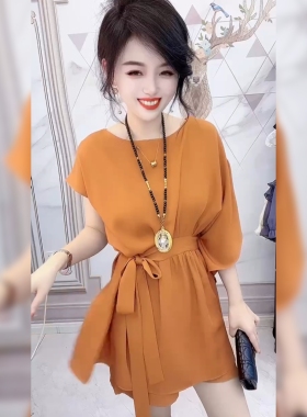 高端雪纺纱橙色宽松上衣短裤套装女夏薄收腰系带衬衫短裤两件套显