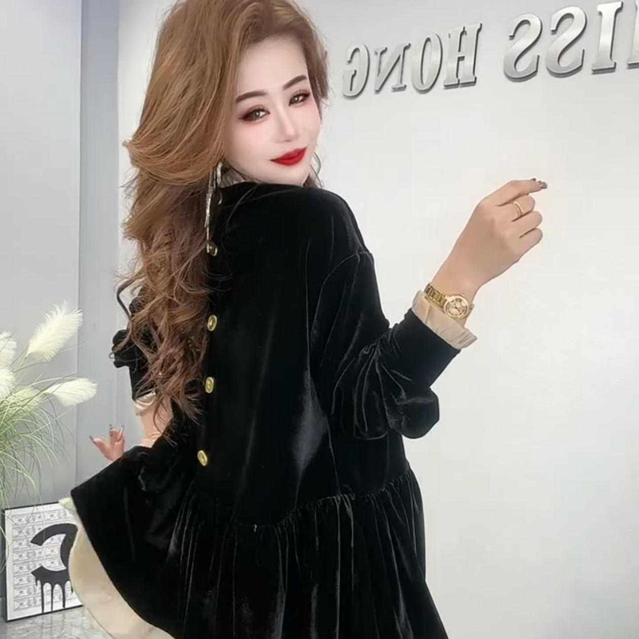 金丝绒连衣裙女欧货2025春新时尚洋气高端垂感金丝绒大衫裙娃娃裙