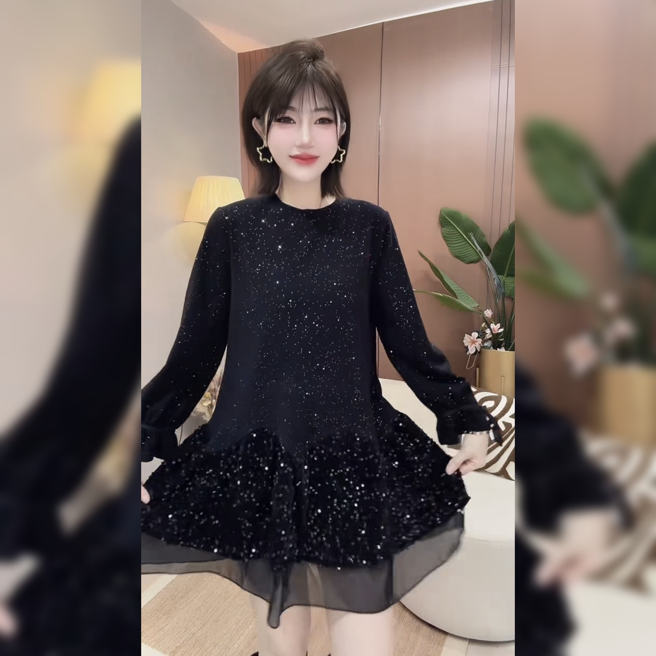 黑色亮片连衣裙女秋季蝴蝶结拼接网纱A字裙减龄显瘦中长裙长袖