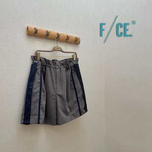 烟灰色松紧抽绳拼片双褶亚麻感速干休闲短裤 CE官方授权 6折