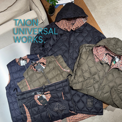 TAION x Universal Works联名 格纹绗缝双面穿连帽羽绒风衣夹克
