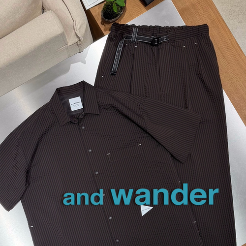 and wander授权26SS 日本制 棕咖色泡泡肌理条纹短袖衬衫&休闲裤