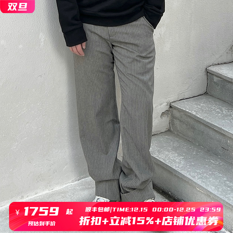 深卡其休闲裤松紧腰抽绳条纹直筒