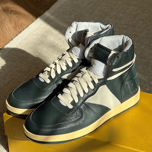 6折 RHUDE授权 RHECESS HI 黑绿手工做旧牛皮后跟LOGO运动高帮鞋