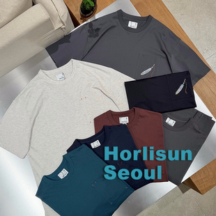 HORLISUN官方授权26SS 自留 多色简约羽毛刺绣口袋圆领短袖T恤
