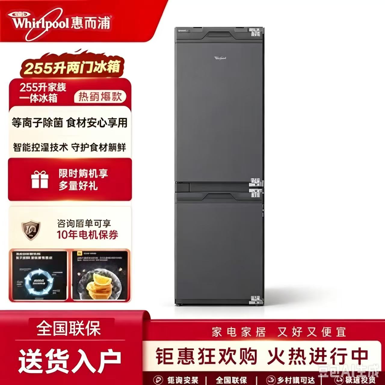 惠而浦两门冰箱家用255升双开门全嵌式双循环 等离子除菌智能控温