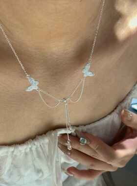 “古法拉丝双蝴蝶”流苏项链女窗帘蝶锁骨链轻奢小众百搭