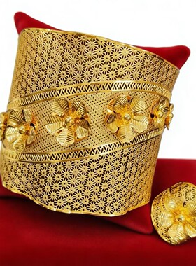 迪拜新娘黄铜大手镯戒指尼日利亚女士婚礼宴会手镯戒指礼物现货