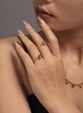 摩天轮ins个性蓝眼睛指环时尚创意滴油恶魔之眼戒指女不锈钢饰品