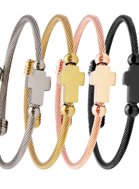 欧美跨境不锈钢手镯焊珠子十字配件钢金玫瑰黑色工厂现货饰品