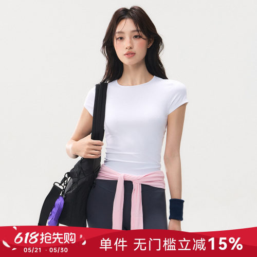 蜜桃女孩新款速干运动短袖修身透气圆领瑜伽T恤跑步训练健身上衣