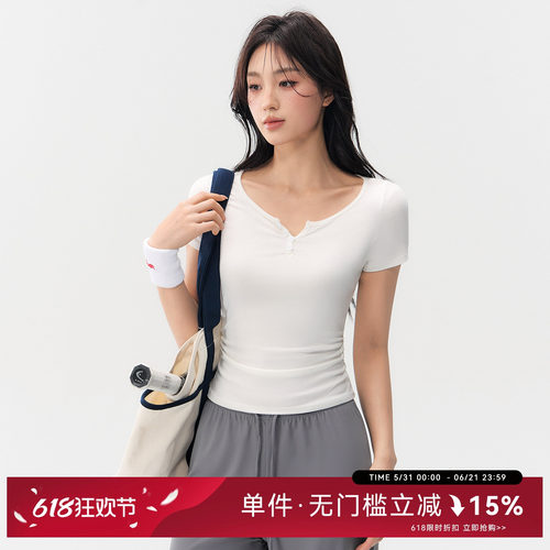 蜜桃女孩V领修身亨利衫瑜伽服短袖跑步运动上衣女显腰健身衣T恤夏