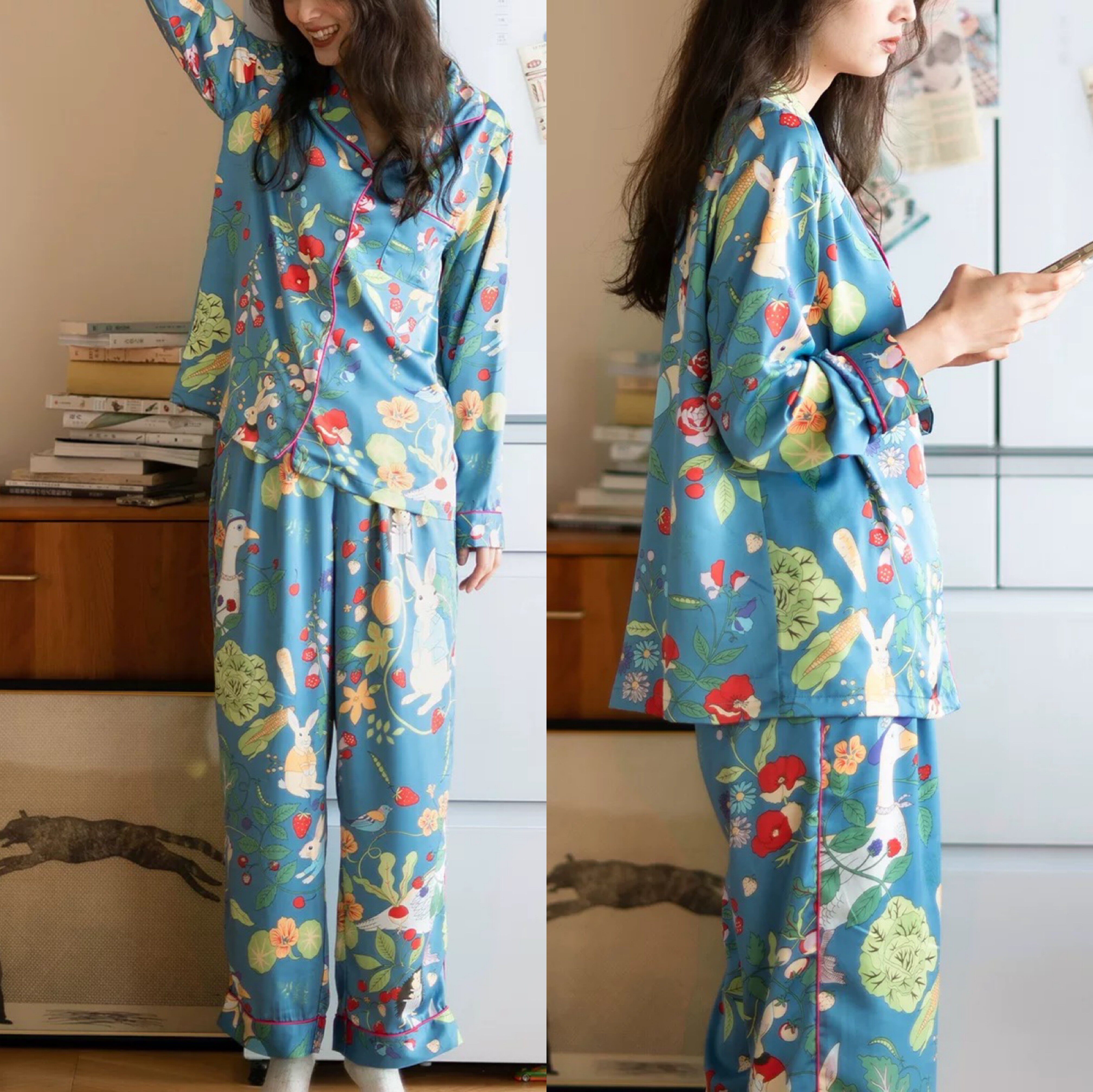 英国小众品牌 彼得兔睡衣套装欧式风女士长袖长裤丝滑宽松家居服