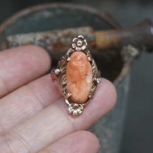 云起 西洋欧洲老古董高浮雕cameos卡梅奥有机宝石10K老金戒指