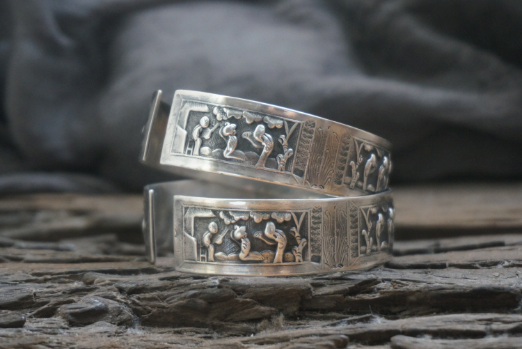 古董满工通体人物老银手镯 1对