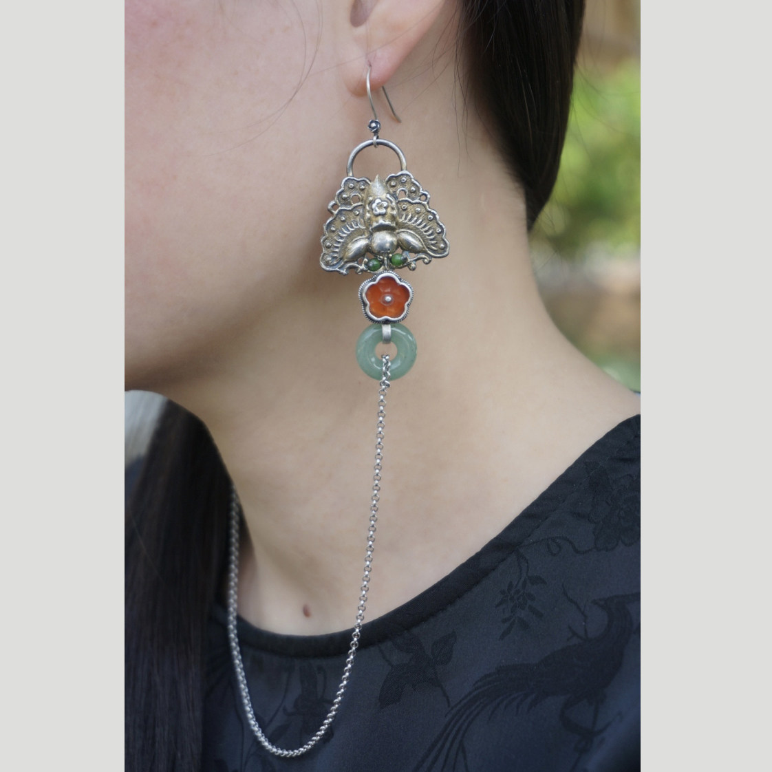 云起设计。清代鎏金老银蝴蝶老玛瑙特色国风手工耳环 压襟 两用