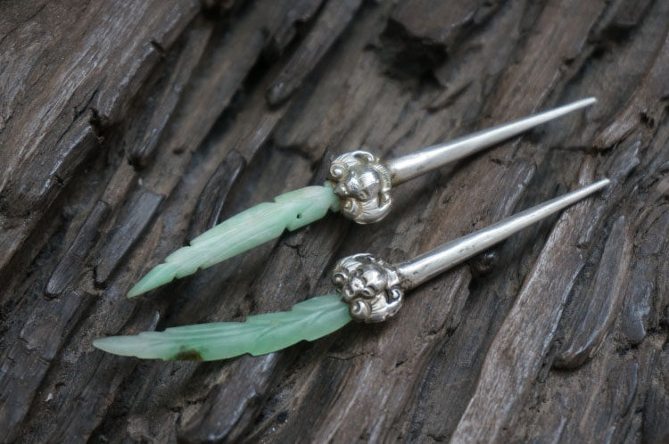 清代精美老银蝙蝠翡翠镶宝小簪子1对