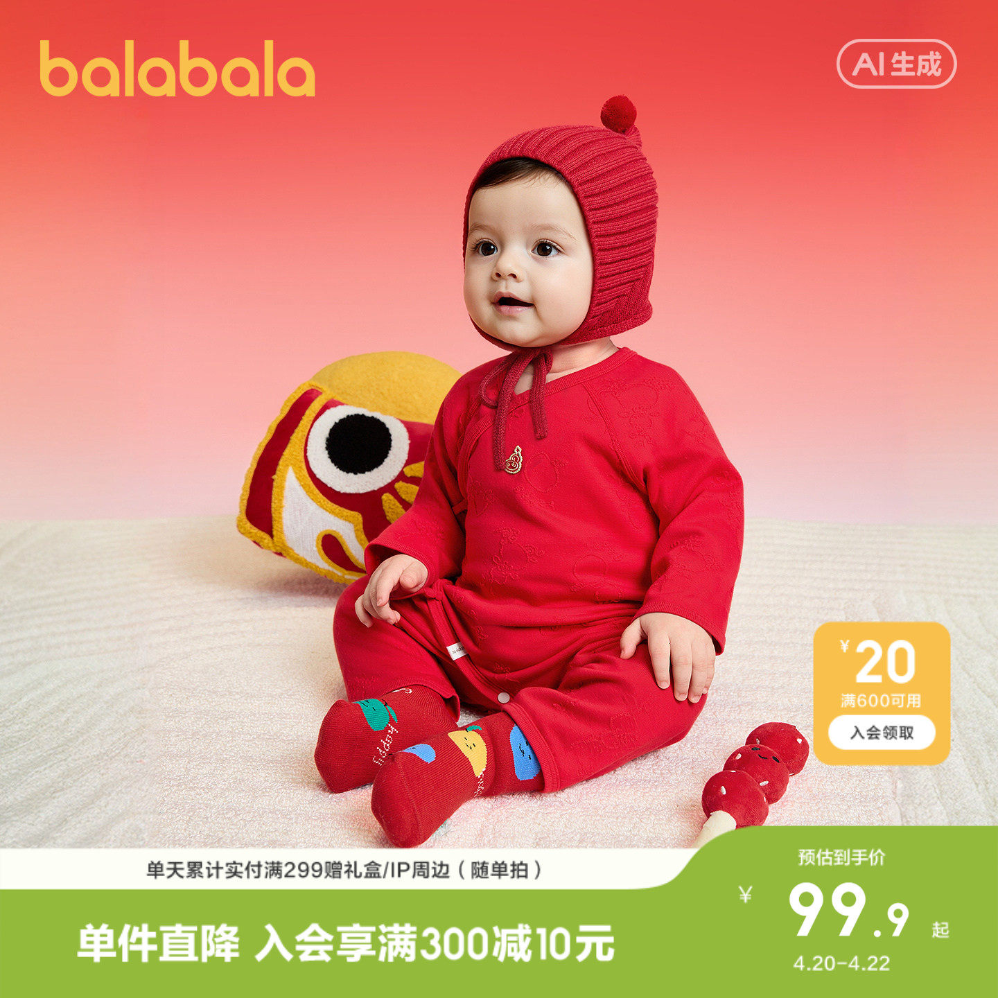 【商场同款】巴拉巴拉新生婴儿连体衣宝宝爬服2026新春红色拜年服